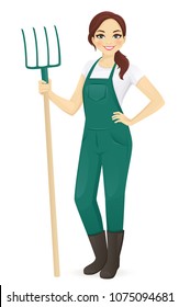 Woman farmer with forks isolated vector illustration