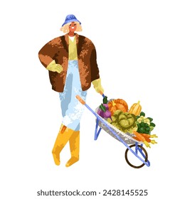 Woman farmer with harvest in wheelbarrow. Happy farm worker standing with picked vegetables, natural fruits, agriculture products in wheel barrow. Flat vector illustration isolated on white background