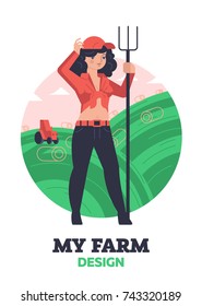 Woman farmer with hayfork. Vector illustration.