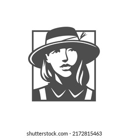 Woman farmer head agriculture harvest livestock breeding geometric frame vintage label vector illustration. Farm market female agricultural cultivation organic vegetables garden growing village
