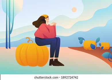 A woman farmer in a headscarf sits on a large pumpkin against the background of an abstract flat landscape. Girl agronomist in the beds with pumpkins, harvesting. Handsome flat character.