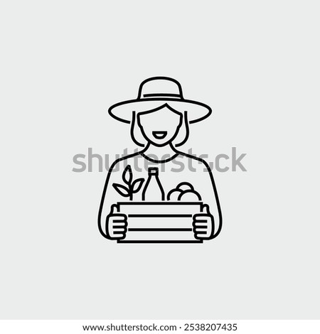 Woman Farmer Holding Box With Harvest Goods Vector Line Icon