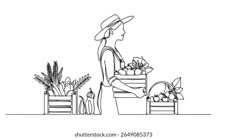 woman farmer holding a bucket line art