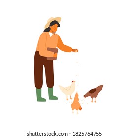 Woman farmer holding bucket of seeds and feeding chickens and hens. Countryside farming. Rural scene with agricultural worker and poultry. Flat vector cartoon illustration isolated on white