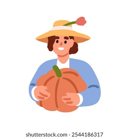 Mujer agricultora sosteniendo calabaza, cosecha de verduras de otoño. Feliz agricultor y trabajador agrícola en sombrero con productos orgánicos de alimentos naturales en las manos. Ilustración vectorial plana aislada sobre fondo blanco