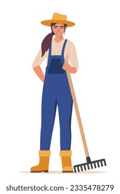 Woman farmer holding rake in hand. Farming work, gardening. Agricultural worker with garden tool. Woman gardener, agronomist. Vector illustration