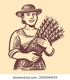 Woman farmer holding wheat bundle. Girl holds sheaf of fresh rye. Farm food emblem or logo vector illustration