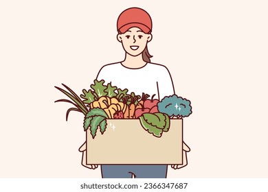 Woman farmer holds box of vegetables and fruits, offering to buy organic food at bargain price. Girl courier delivers eco vegetables grown without use of pesticides and fertilizers