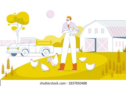 Woman farmer holds chicken, feeds and takes care of domestic birds, Farm, Farming scene, Vector illustration