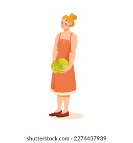 Woman at Farmer Market Buying Cabbage as Fresh Local Vegetable Vector Illustration