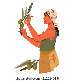 Woman farmer with of olives branch, flat vector illustration isolated on white background. Emblem or label for olive oil and natural cosmetic products with farmer harvesting olives.	