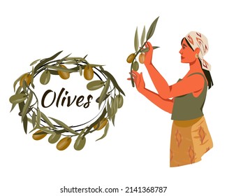 Woman farmer with olives branch and wreath, flat vector illustration isolated on white background. Emblem or label set for olive oil and natural cosmetic products.