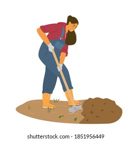 Woman Farmer In Overall Digging With Shovel. Flat Vector Illustration.