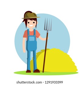 Woman farmer in overalls with a fork in his hands. Rural type of work. Production of natural food in the village. Girl in a hat with tools. Haystack and green grass. Cartoon flat illustration