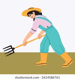 Woman Farmer Pitchforking in Field