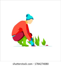 Woman farmer planting seedlings. Agricultural worker taking care of plants in garden. Eco farming and agriculture concept flat vector illustration isolated on white background