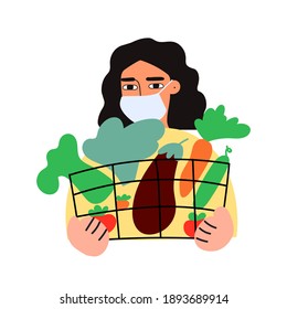 Woman farmer with protective mask and basket full of vegetables. Illustration on white background.