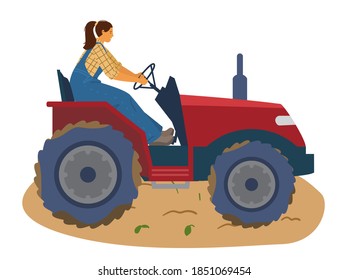 Woman Farmer Riding Tractor Vector Illustration.