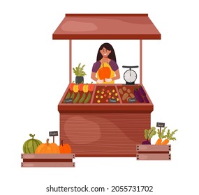 Woman farmer sells vegetables and fruits on the counter on the market. A saleswoman holds a pumpkin from a local farm. Flat cartoon vector illustration isolated on white background