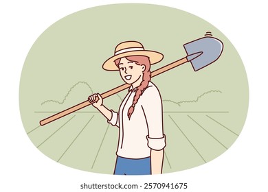 Woman farmer with shovel to prepare land for planting seeds or digging up crop. Girl farmer holding shovel and smiling looks at screen working enjoying working in agricultural business