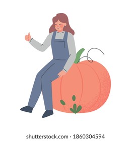 Woman Farmer Sitting on Huge Pumpkin, Female Agricultural Worker Character in Overalls Working on Farm, Eco Farming Concept Cartoon Style Vector Illustration