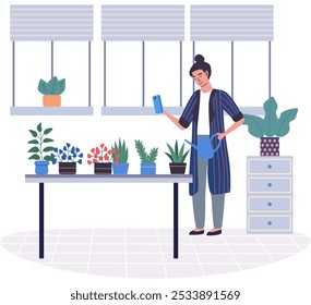 Woman farmer sitting plants in pot. Agricultural worker with smartphone transplants flowers. Girl with phone taking pictures of houseplants. Flower shop worker florist holding garden tool shovel