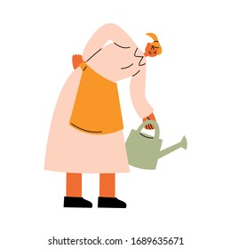Woman farmer standing and watering garden vector illustration