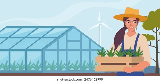 Woman farmer stands near greenhouse and holding box with seedlings in hands. Farming plant cultivation. Design for agriculture, horticulture or agronomy. Template for banner, poster, flyer.