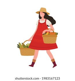 Woman Farmer in Straw Hat Carrying Wicker Basket with Ripe Vegetables Vector Illustration