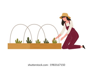 Woman Farmer in Straw Hat Cultivating Soil on Garden Bed Pulling Weeds Vector Illustration