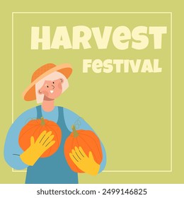 A  woman farmer in a straw hat holds pumpkin in her hands. The concept of the autumn harvest, organic farming, gardening, home garden. Harvest festival poster. 
