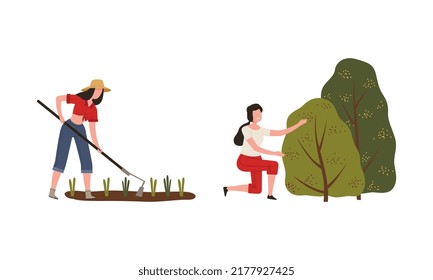 Woman Farmer in Straw Hat Near Green Bush and Cultivating Soil with Rake Vector Illustration Set