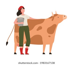 Woman Farmer Stroking Cow and Holding Bucket with Fresh Milk Vector Illustration