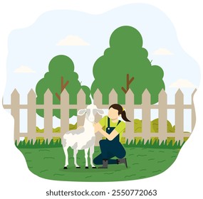 Woman farmer stroking her sheep on green grass field. Vector flat illustration.  Woman agricultural worker taking care to farm animals. Mother and baby fluffy mammals. 