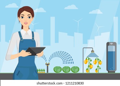 Woman farmer with tablet in a modern greenhouse. Internet of things in agriculture. Smart farm with wireless control. Vector illustration.