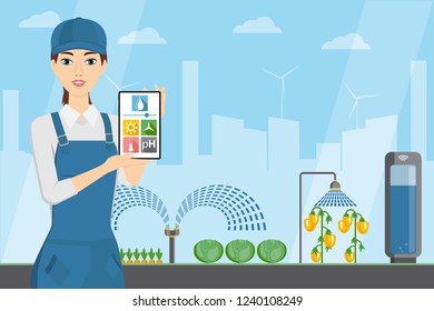 Woman farmer with tablet in a modern greenhouse. Internet of things in agriculture. Smart farm with wireless control. Vector illustration.