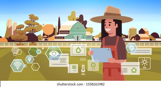 woman farmer with tablet monitoring condition controlling agricultural products organization of harvesting smart farming concept farm building landscape background flat horizontal portrait vector