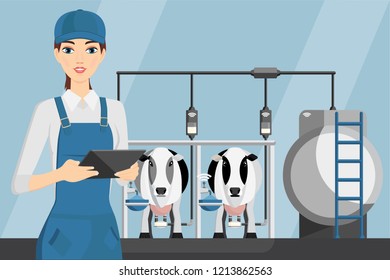 Woman farmer with tablet on a modern dairy farm. Smart farming, herd management and automatic milking. Vector illustration.