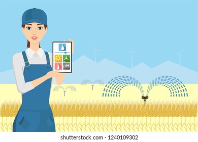 Woman farmer with tablet in a wheat field. Internet of things in agriculture. Smart farm with wireless control. Vector illustration.
