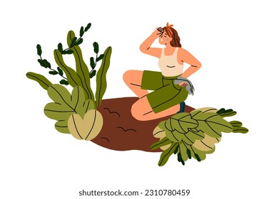 Mujer agricultora cansada del trabajo agrícola. Exhausto sudor, persona infeliz, trabajador agrícola durante el cultivo, cuidado, cultivo, escarda. Ilustración vectorial plana aislada en fondo blanco