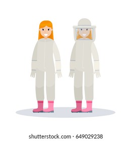Woman farmer using beekeeper suit. Beekeeper at apiary. Vector illustration isolated on white background