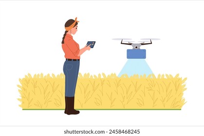 Mujer agricultor que utiliza el sistema teledirigido del dron irriga la Ilustración vectorial de la escena de dibujos animados del campo