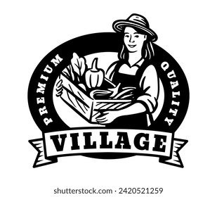 Woman farmer with vegetables Emblem Logo vector design.