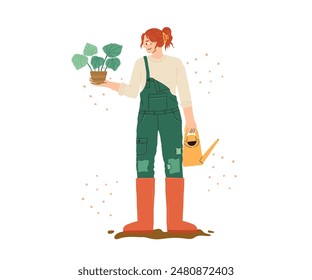 A woman farmer with a watering can and a pot of flowers. Horticulture, farm, economy. Vector illustration drawn in flat style.