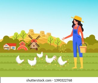 Woman farmer worker character feeding chickens. Farming agriculture concept. Vector flat cartoon graphic design illustration