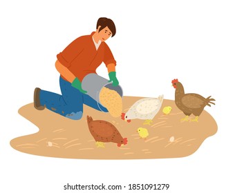 Woman Farmer Working Feeds Chicken With Gtains. Flat Vector Illustration.