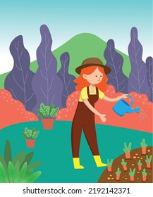 woman farming, agriculture works vector illustration. Cartoon farmer gardener worker woman characters do garden job, watering planting growing vegetables and fruits on garden