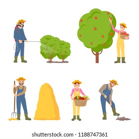 Woman farming man icons. Gathering apple from fruit tree, digging soil cultivating ground and putting hay on bale of dry grass. Bush sprayer vector