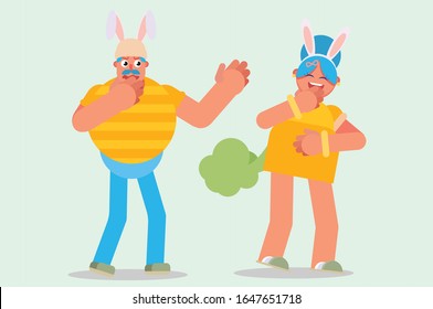 A woman farted at the man behind her and laughed. Colorful Easter vector illustration, this illustration can use as a sticker also.