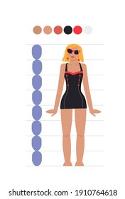 A woman in the FAS with overall dimensions. Silhouette of a mannequin and a girl in retro swimsuits. Flat style illustrations.